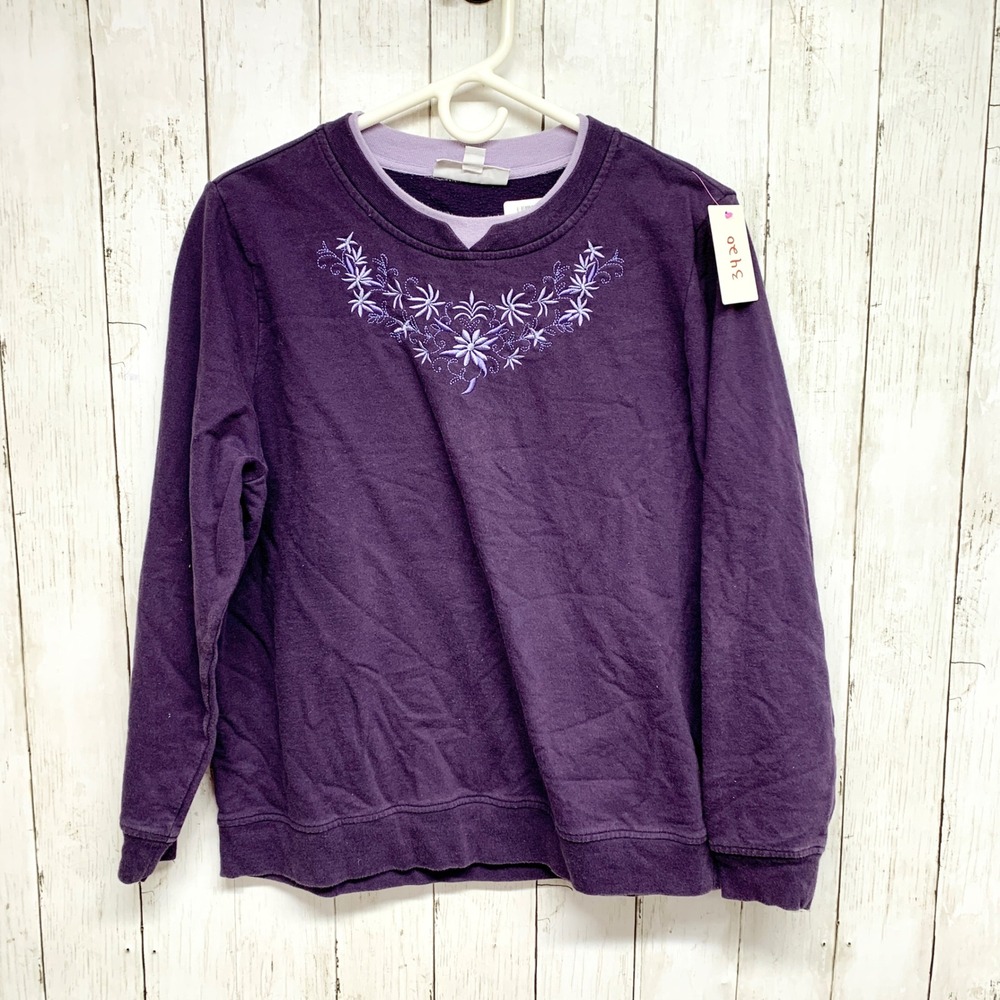 Breckenridge Vintage Floral Embroidered Sweatshirt‎ Womens Size L Purple Cotton